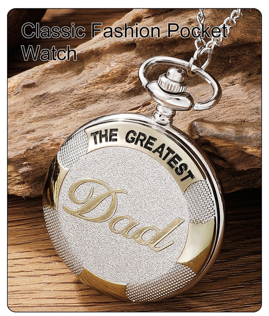Exquisite Vintage Silver Golden Best Dad Quartz Pocket Watch Fob Chain Necklace Men's Father's Day Birthday Gift Clock