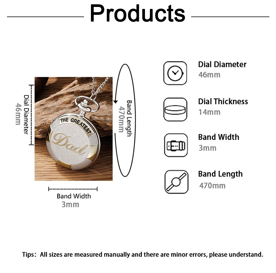 Exquisite Vintage Silver Golden Best Dad Quartz Pocket Watch Fob Chain Necklace Men's Father's Day Birthday Gift Clock