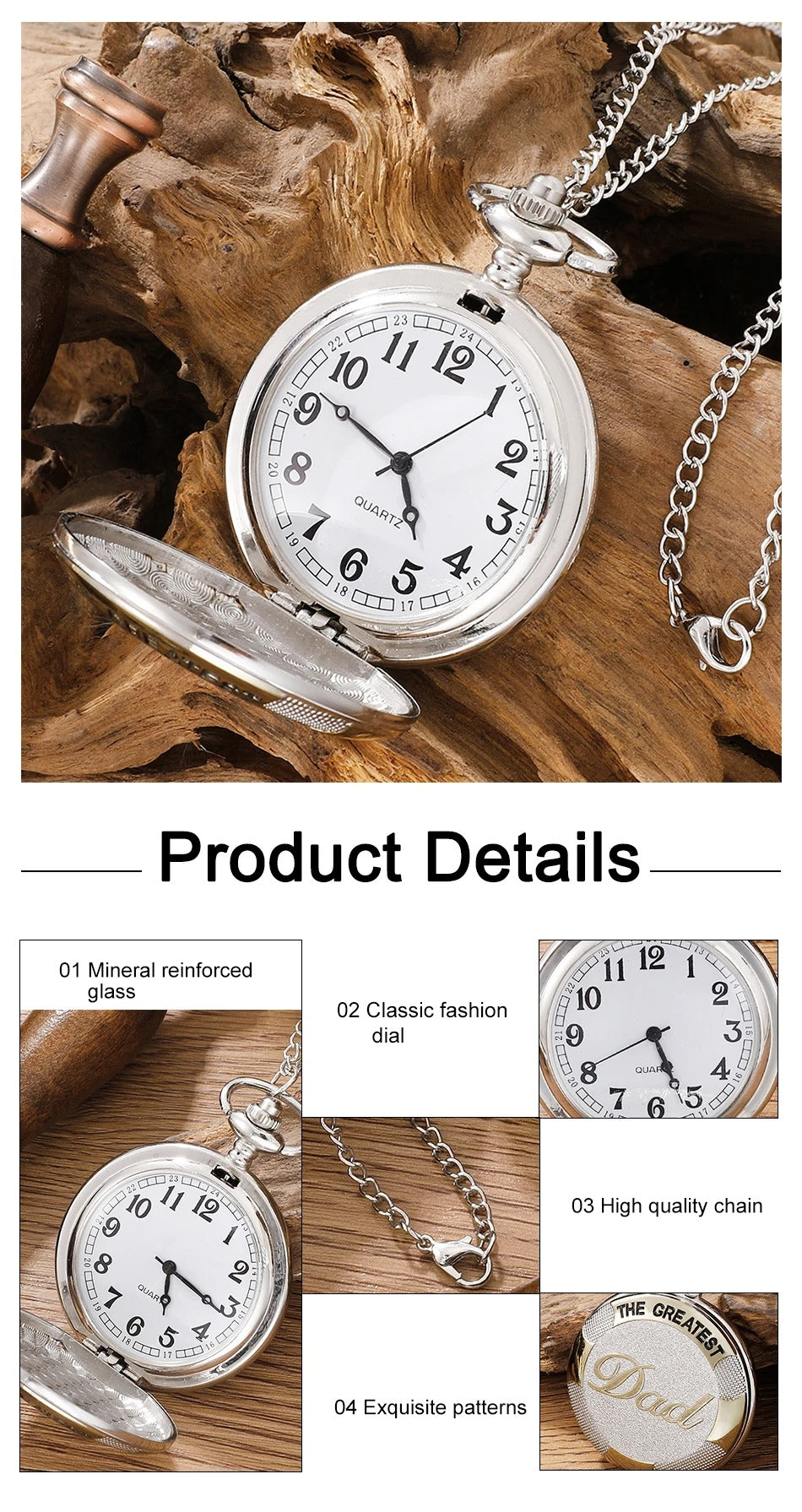 Exquisite Vintage Silver Golden Best Dad Quartz Pocket Watch Fob Chain Necklace Men's Father's Day Birthday Gift Clock