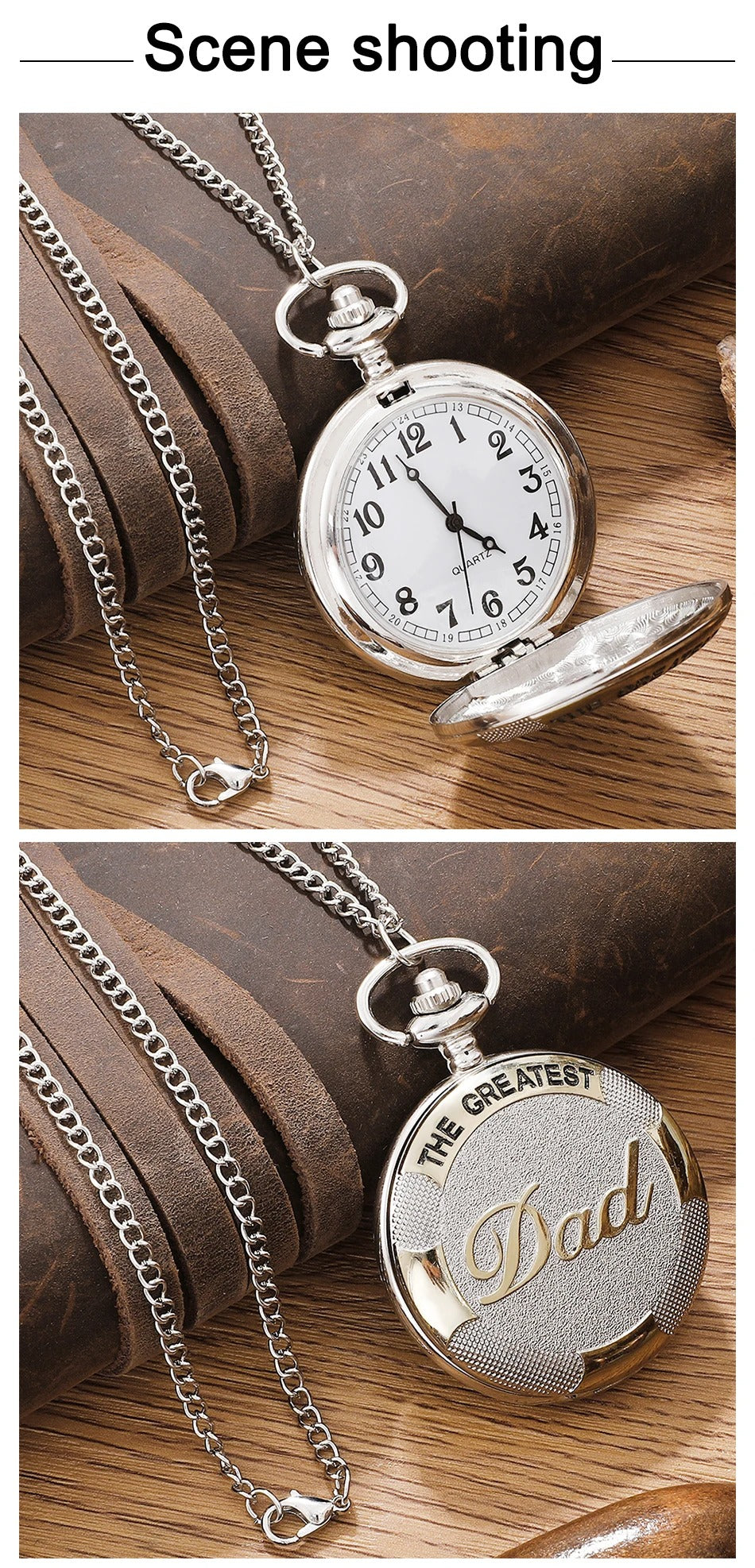 Exquisite Vintage Silver Golden Best Dad Quartz Pocket Watch Fob Chain Necklace Men's Father's Day Birthday Gift Clock