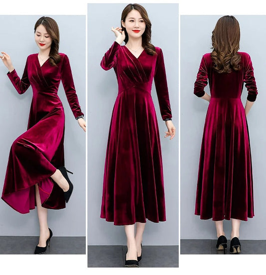 2024 Vintage Long Sleeve Women Sexy Midi Dresses Autumn Winter Velvet Thick Warm Dress Elegant Bodycon Party Night Maxi Vestidos