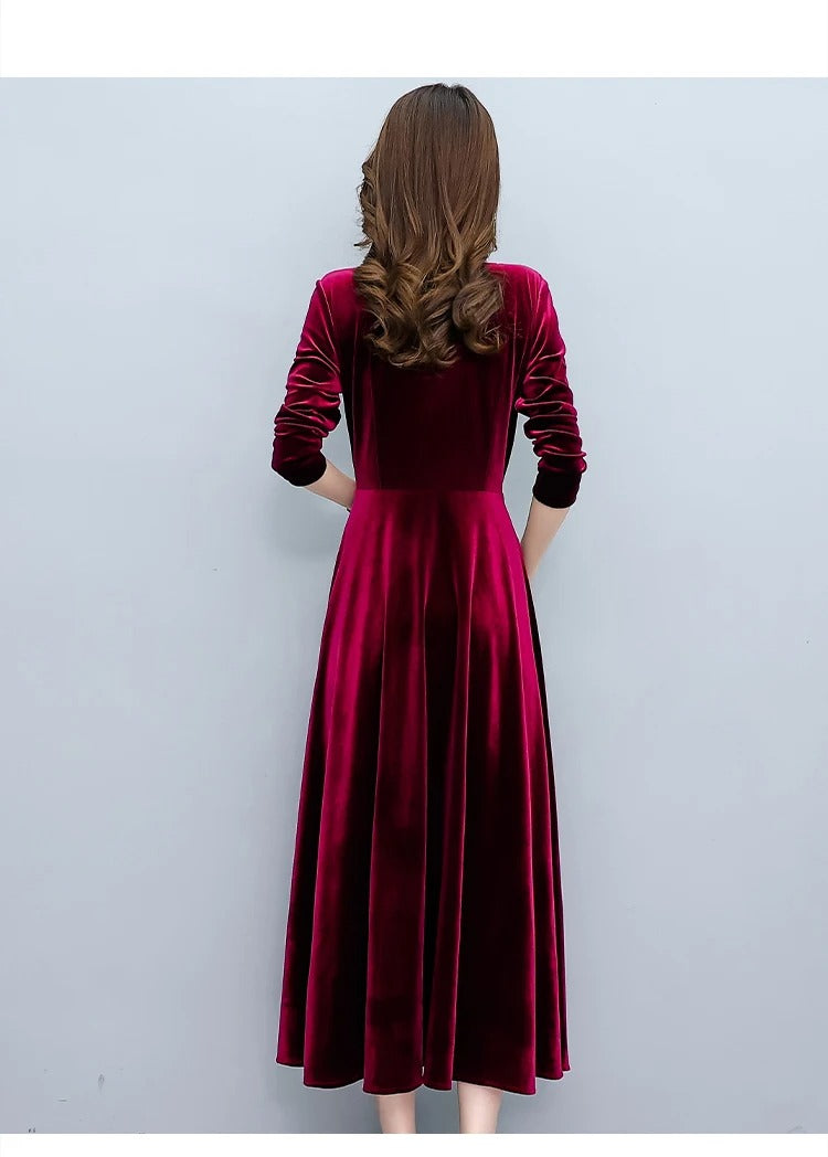 2024 Vintage Long Sleeve Women Sexy Midi Dresses Autumn Winter Velvet Thick Warm Dress Elegant Bodycon Party Night Maxi Vestidos