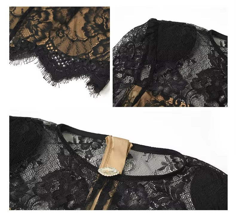 summer sexy hollowed-out blouse round collar lace shirt woman