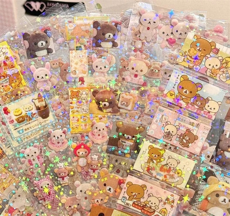 5Sheets Cartoon HelloKitty Rilakkuma Stickers Cartoon Anime Die-cutting Flashing Laser Sticker Decals DIY Handbooks Decoration