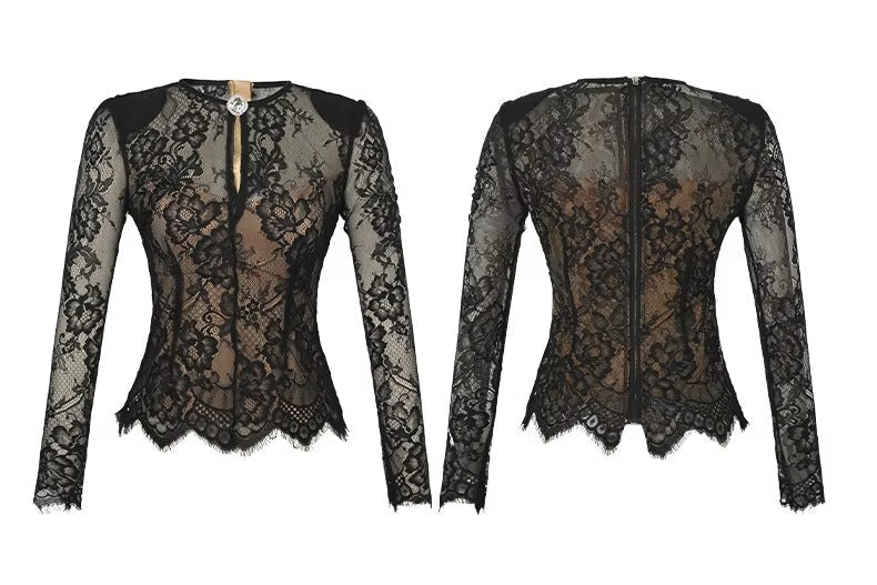 summer sexy hollowed-out blouse round collar lace shirt woman