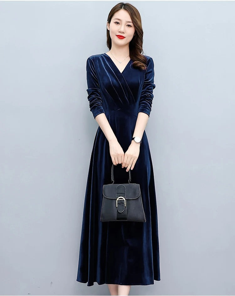 2024 Vintage Long Sleeve Women Sexy Midi Dresses Autumn Winter Velvet Thick Warm Dress Elegant Bodycon Party Night Maxi Vestidos