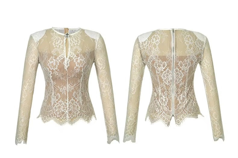 summer sexy hollowed-out blouse round collar lace shirt woman