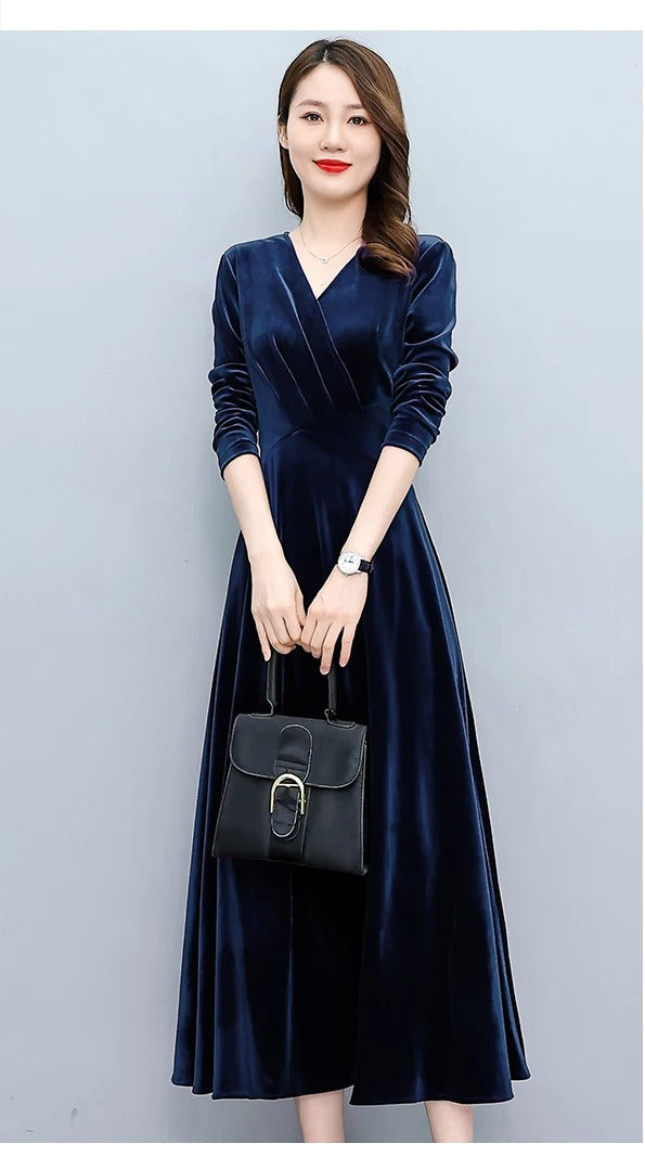 2024 Vintage Long Sleeve Women Sexy Midi Dresses Autumn Winter Velvet Thick Warm Dress Elegant Bodycon Party Night Maxi Vestidos