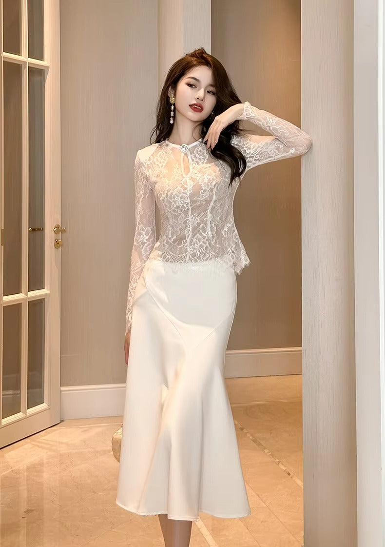 summer sexy hollowed-out blouse round collar lace shirt woman