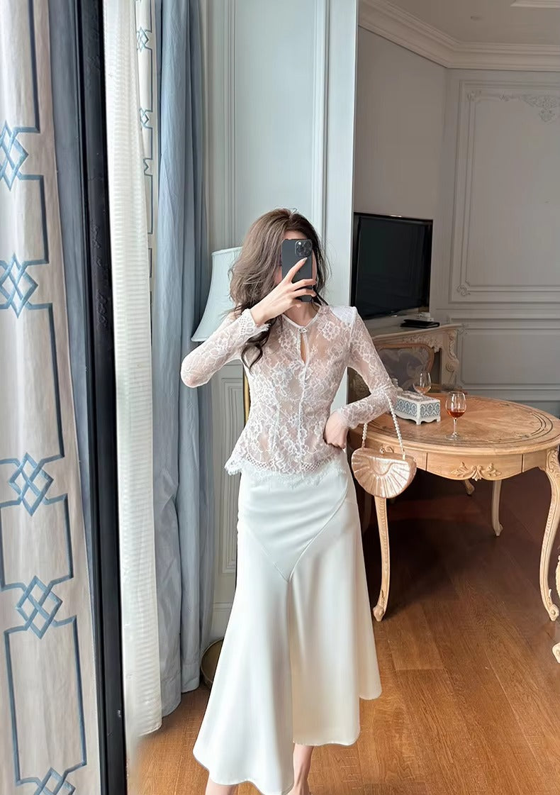 summer sexy hollowed-out blouse round collar lace shirt woman