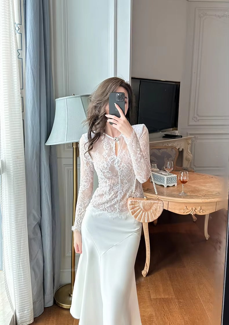 summer sexy hollowed-out blouse round collar lace shirt woman