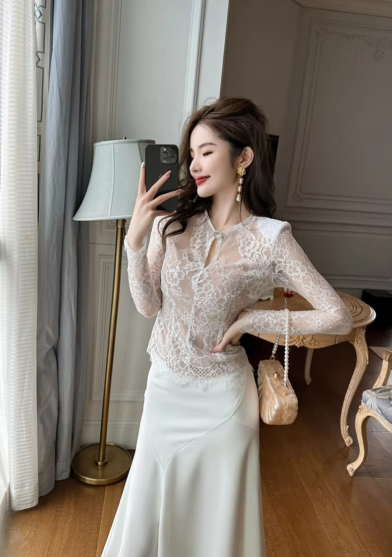 summer sexy hollowed-out blouse round collar lace shirt woman