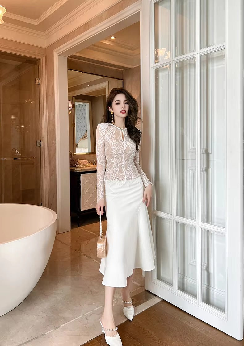 summer sexy hollowed-out blouse round collar lace shirt woman
