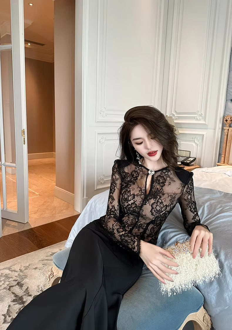 summer sexy hollowed-out blouse round collar lace shirt woman