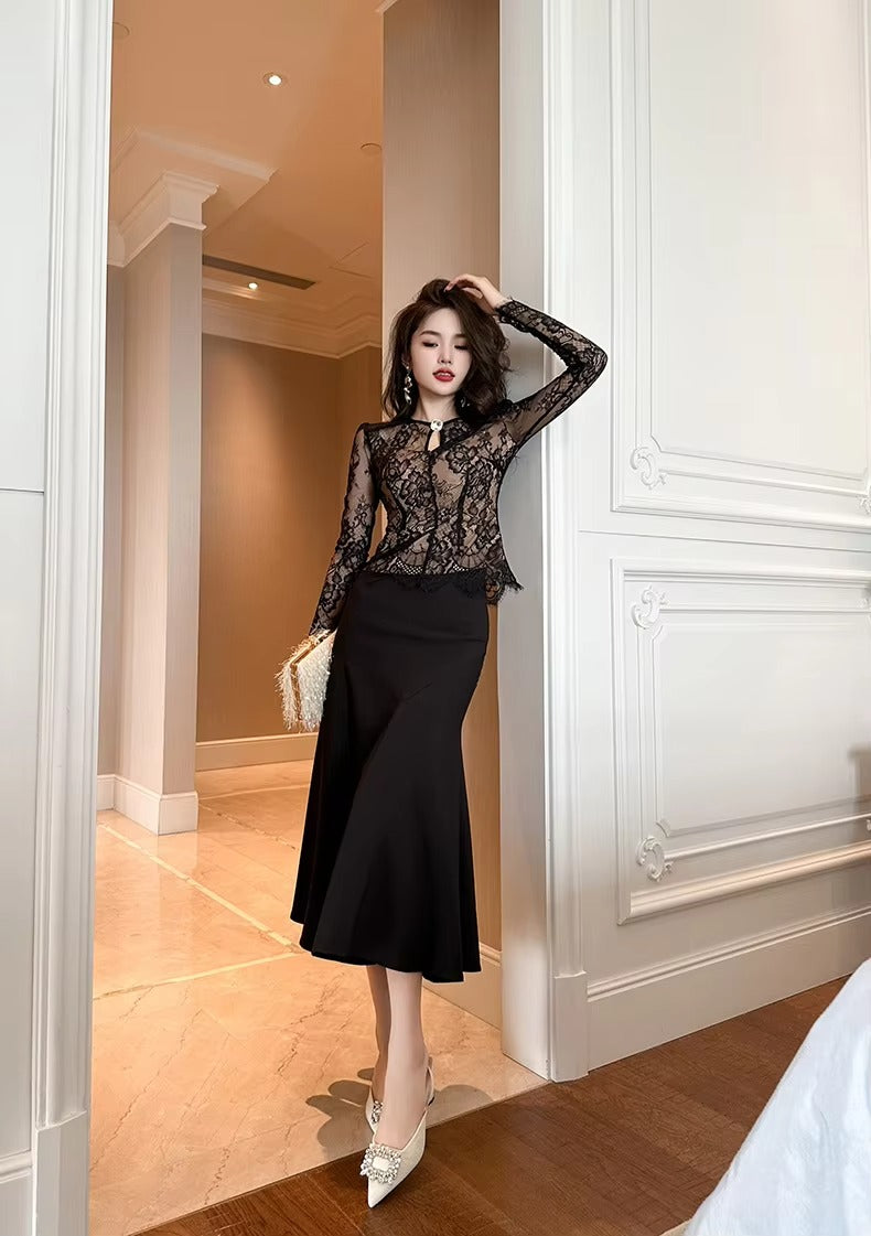 summer sexy hollowed-out blouse round collar lace shirt woman