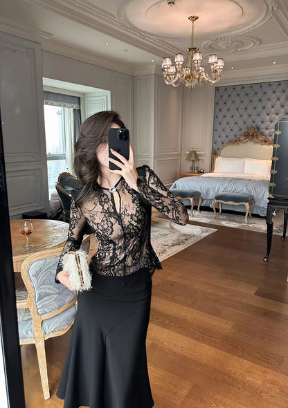 summer sexy hollowed-out blouse round collar lace shirt woman