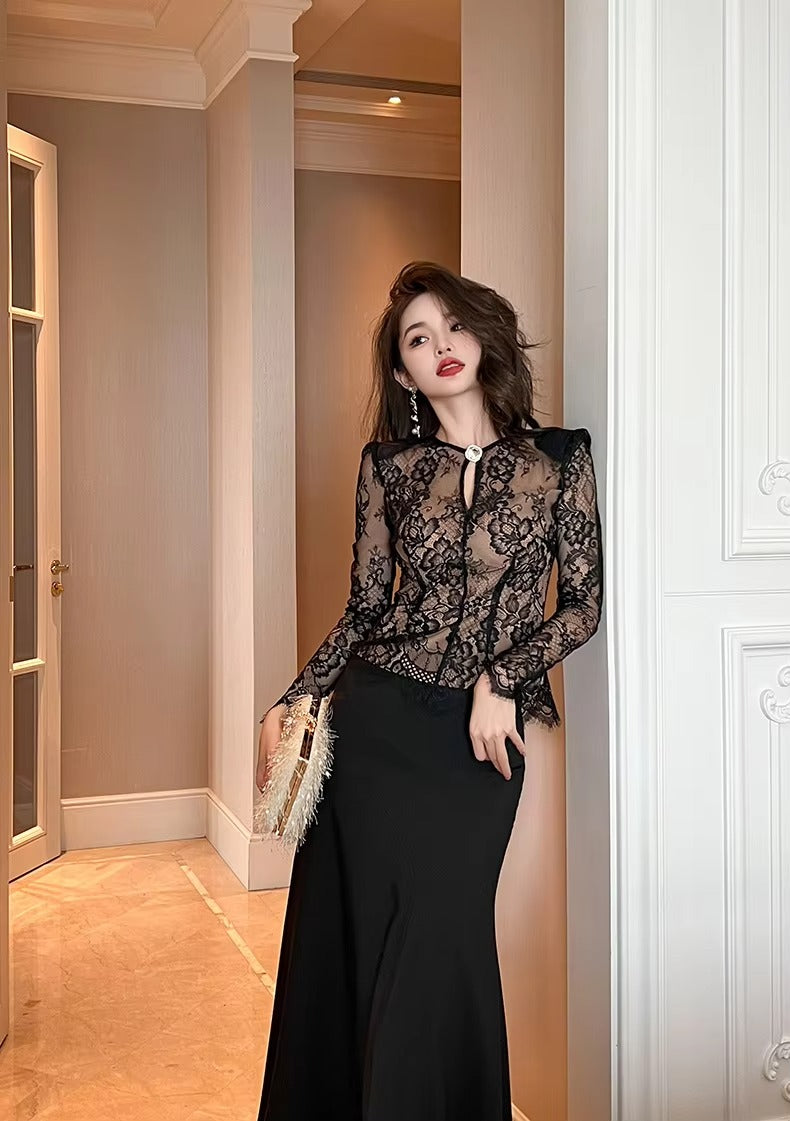 summer sexy hollowed-out blouse round collar lace shirt woman